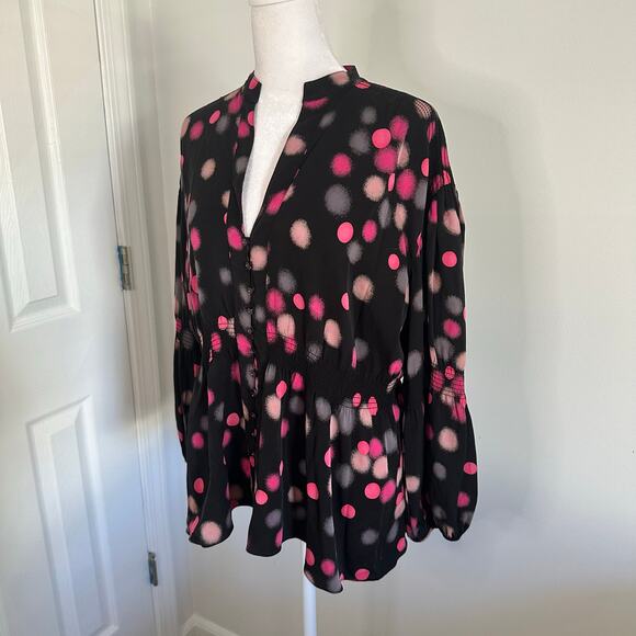 Diane Von Furstenberg black & pink polka dot long sleeve top size 8 - Picture 3 of 12